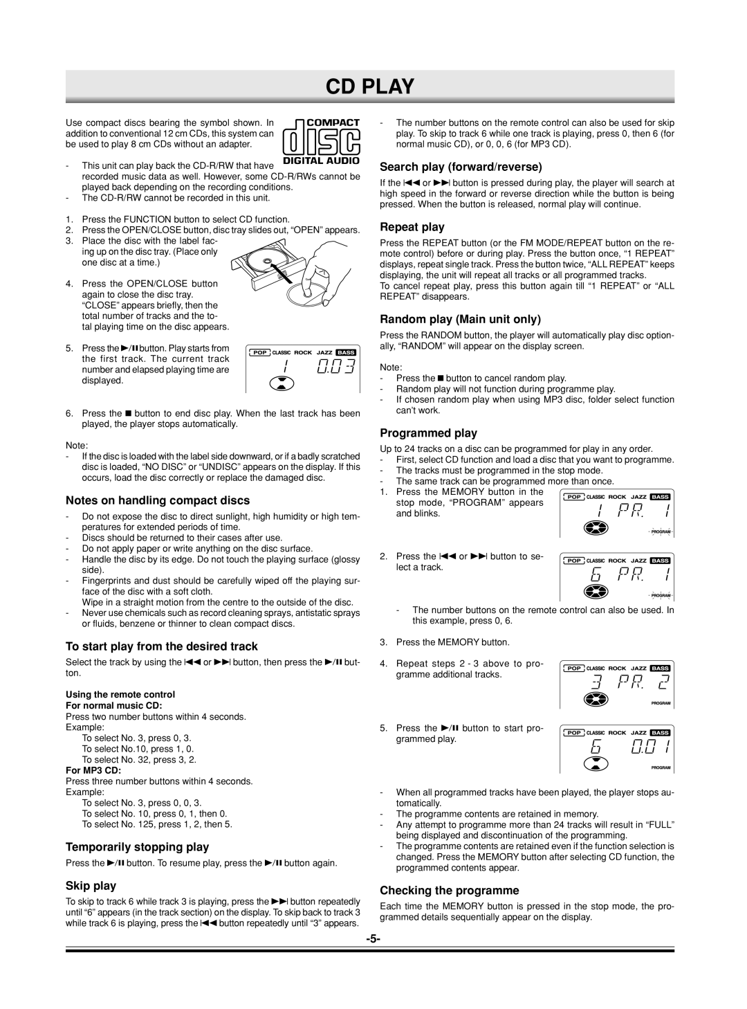 Sanyo DC-MP9500 instruction manual CD Play 