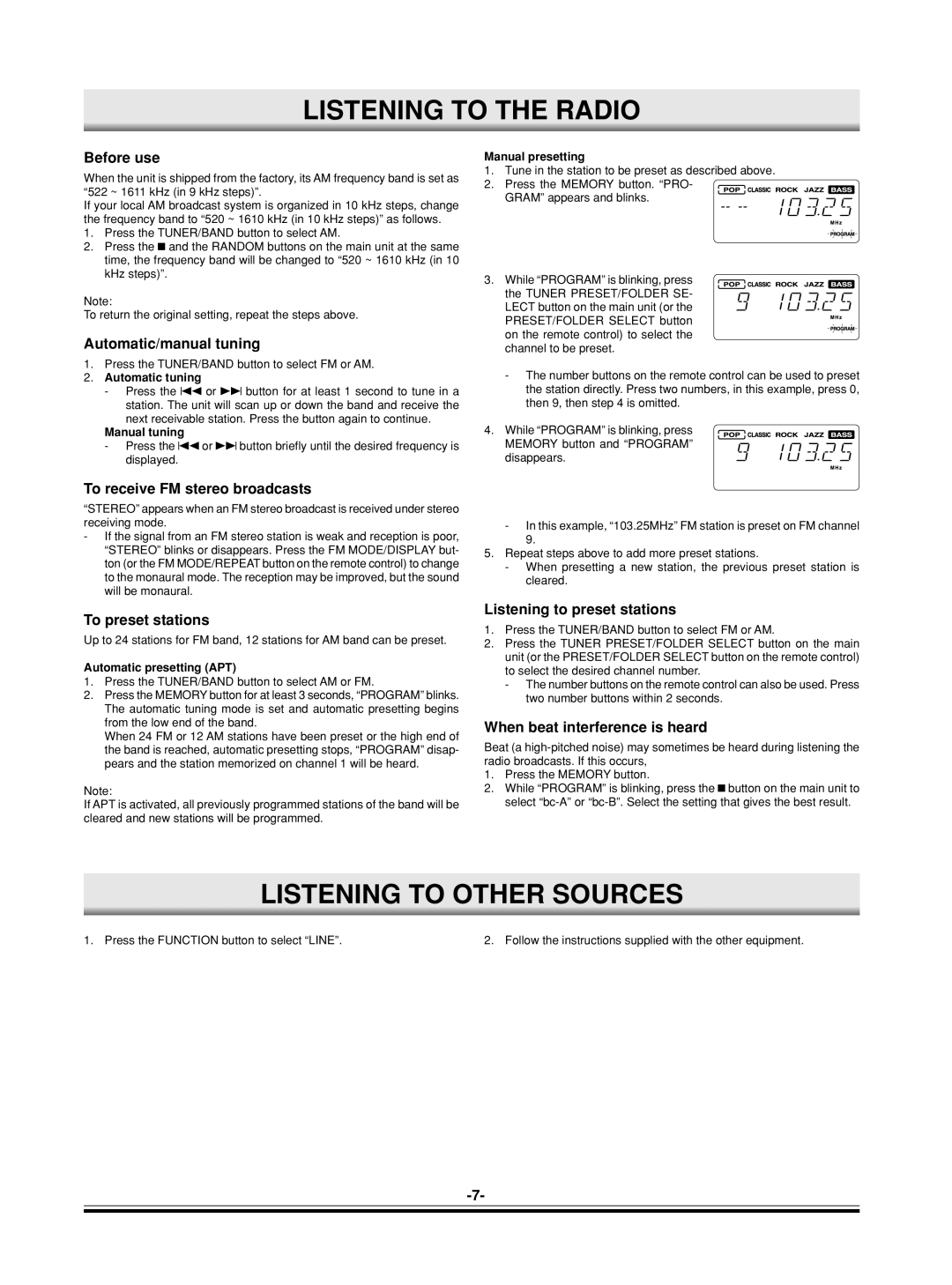 Sanyo DC-MP9500 instruction manual Listening to the Radio, Listening to Other Sources 