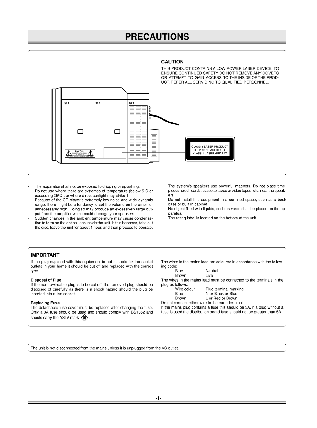 Sanyo DC-MP9500 instruction manual Precautions, Disposal of Plug, Replacing Fuse 