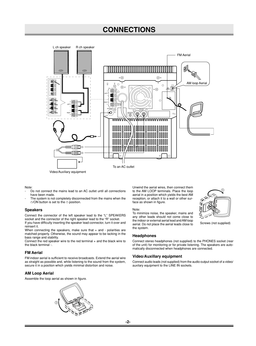 Sanyo DC-MP9500 instruction manual Connections, Speakers, Headphones, FM Aerial, Video/Auxillary equipment, AM Loop Aerial 