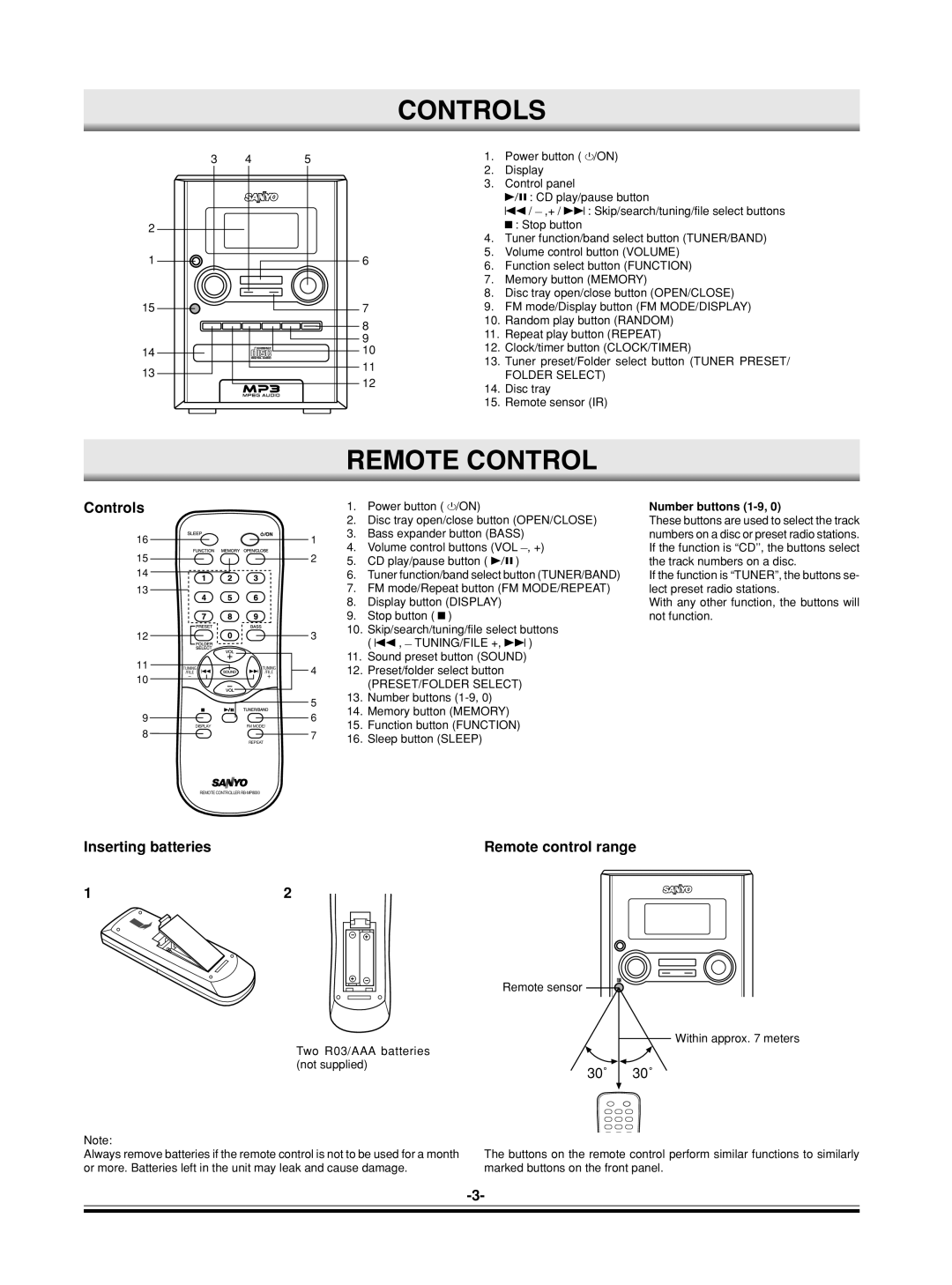 Sanyo DC-MP9500 Controls, Remote Control, Inserting batteries, Remote control range, Number buttons 1-9,0, 30˚ 30˚ 