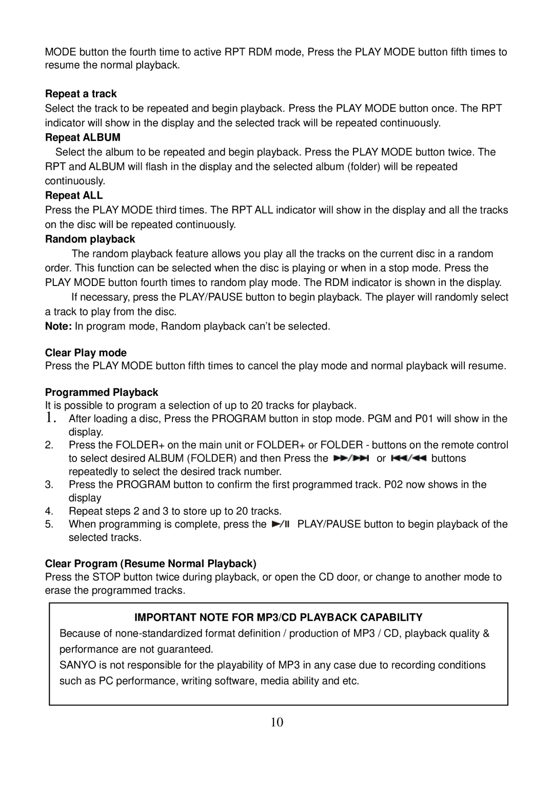 Sanyo DC-MX30 instruction manual Repeat Album, Important Note for MP3/CD Playback Capability 