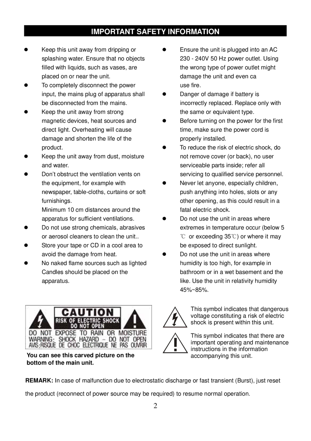 Sanyo DC-MX30 instruction manual Important Safety Information, You can see this carved picture on, Bottom of the main unit 