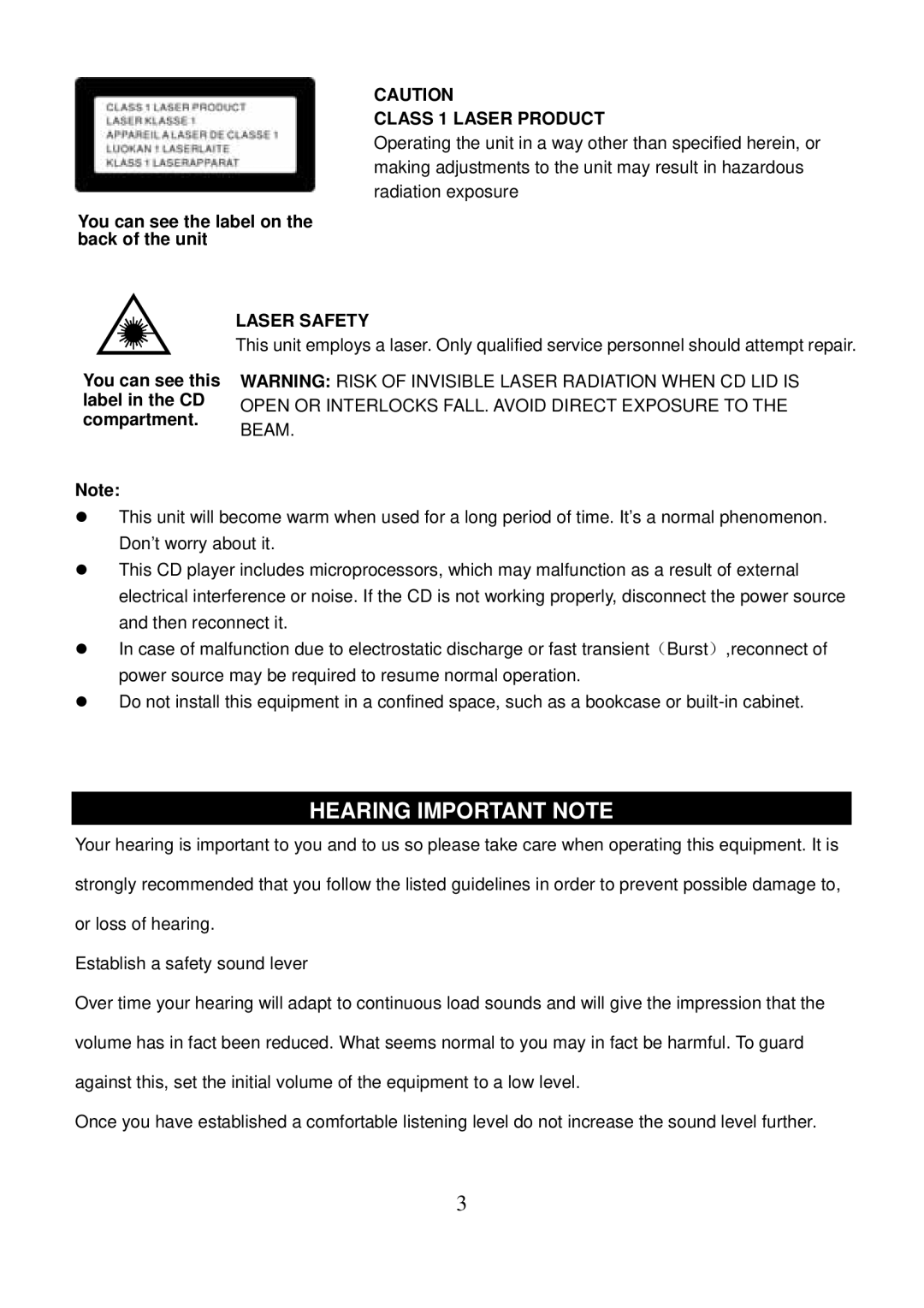 Sanyo DC-MX30 Hearing Important Note, Class 1 Laser Product, You can see the label on the back of the unit, Laser Safety 