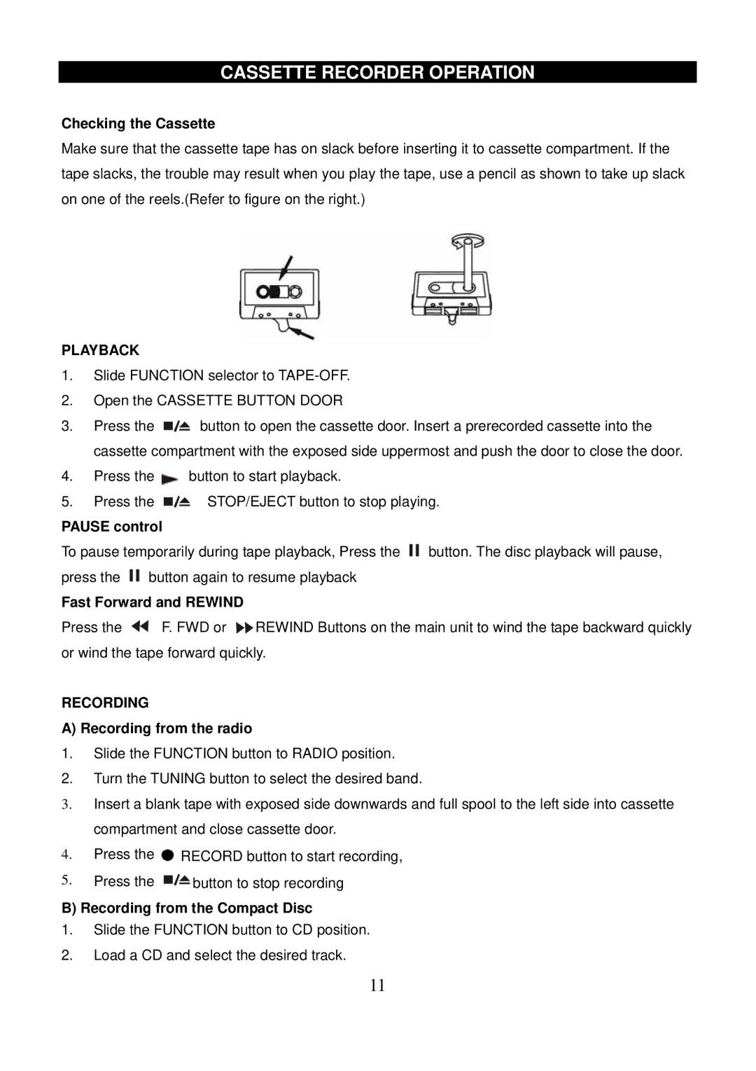 Sanyo DC-MX31 instruction manual Cassette Recorder Operation, Playback, Recording 