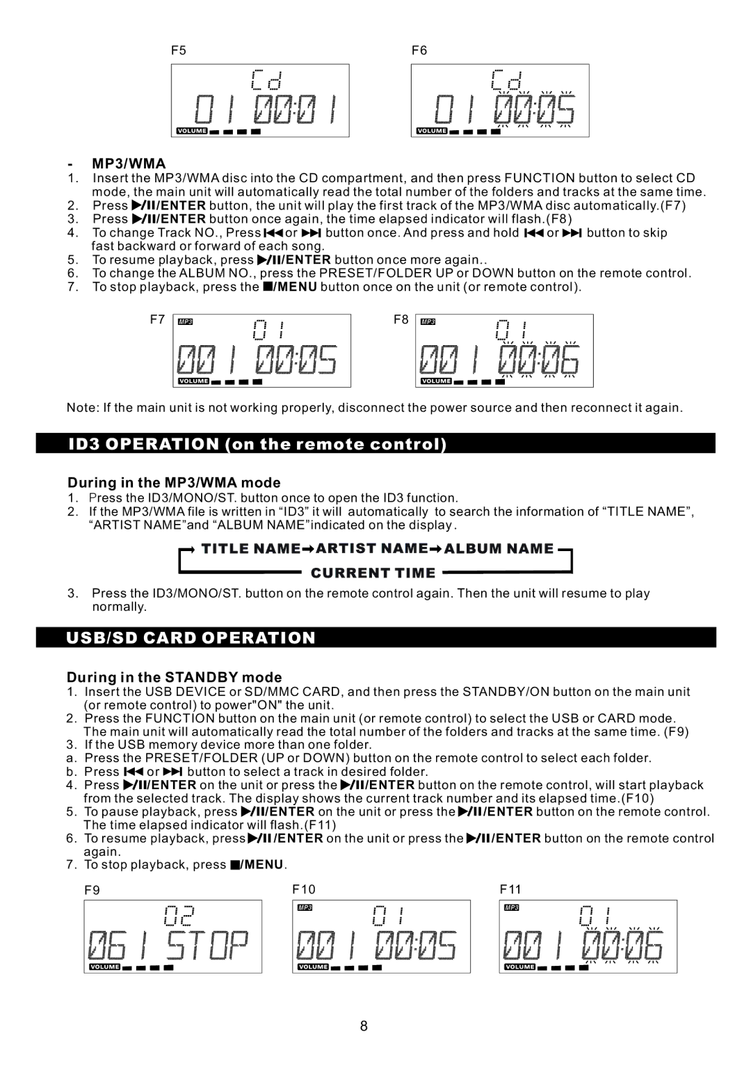 Sanyo DC-MX40i instruction manual ID3 Operation on the remote control, USB/SD Card Operation, During in the MP3/WMA mode 