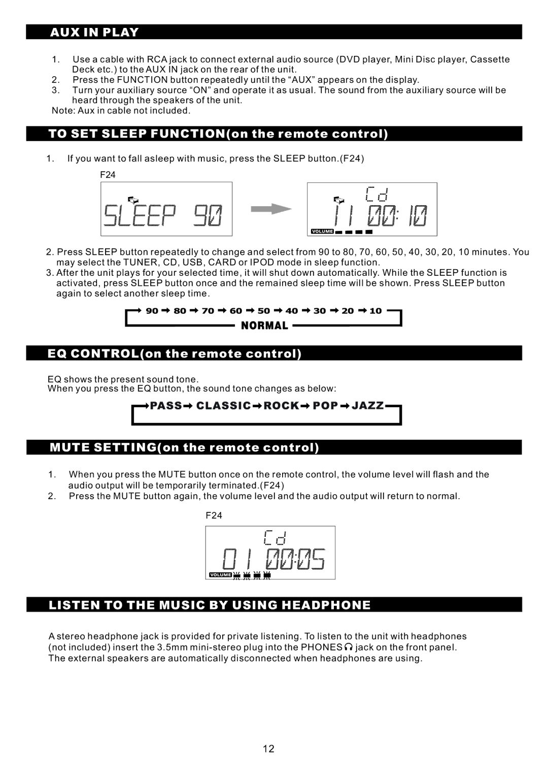 Sanyo DC-MX40i instruction manual AUX in Play, To SET Sleep FUNCTIONon the remote control, EQ CONTROLon the remote control 