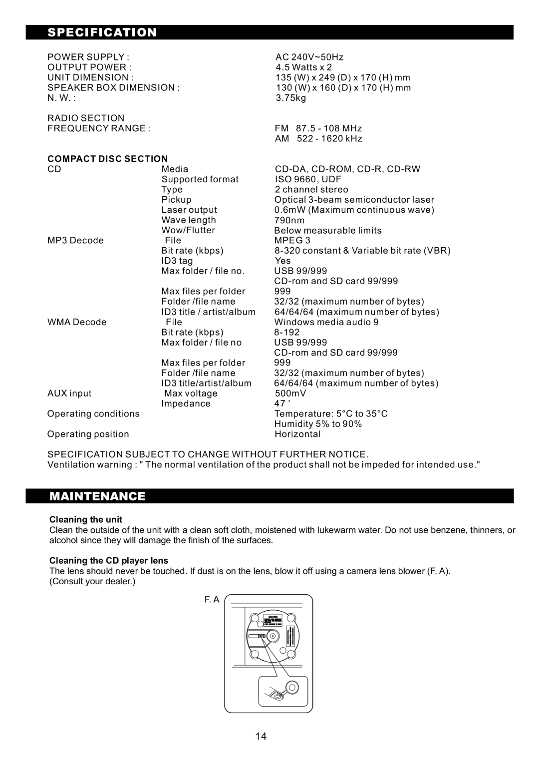 Sanyo DC-MX40i instruction manual Specification, Maintenance, Compact Disc Section 