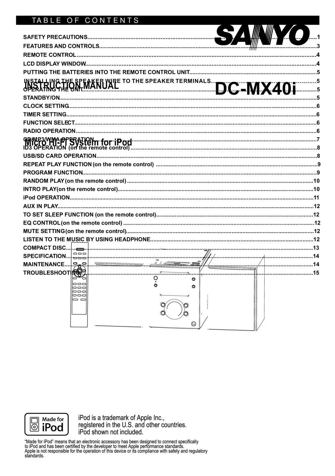 Sanyo DC-MX40i instruction manual Table of Contents 