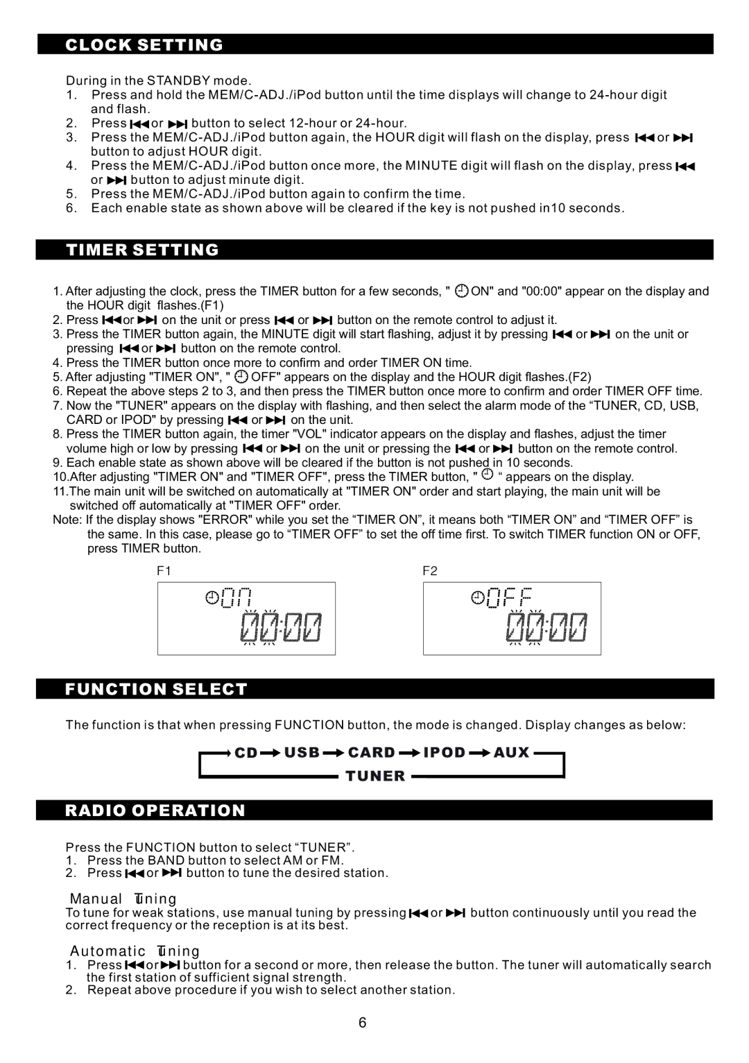 Sanyo DC-MX40i instruction manual Clock Setting, Timer Setting, Function Select, Radio Operation 