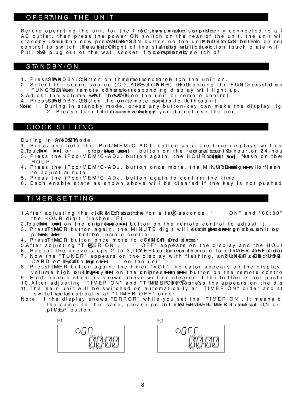 Sanyo DC-MX41i instruction manual Operating the Unit, Standby/On, Clock Setting, Timer Setting 