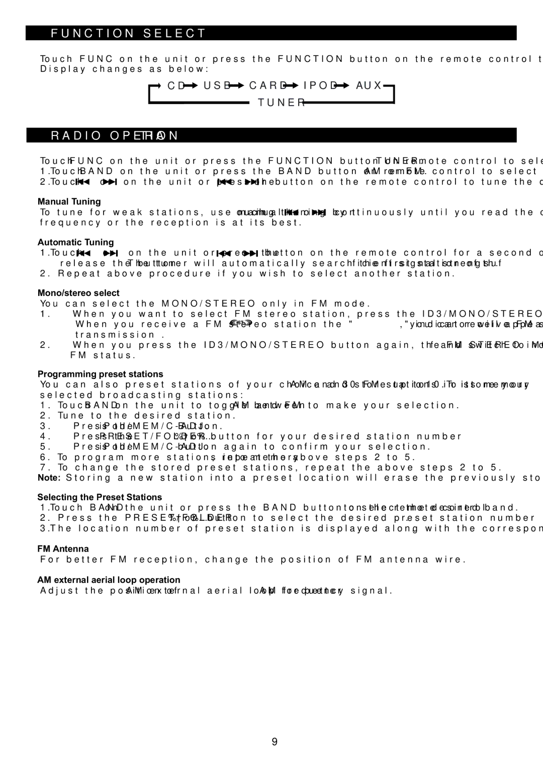 Sanyo DC-MX41i instruction manual Function Select, Radio Operation 