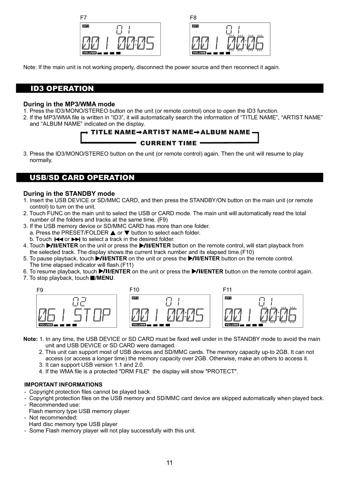 Sanyo DC-MX41i instruction manual ID3 Operation, USB/SD Card Operation, Important Informations 