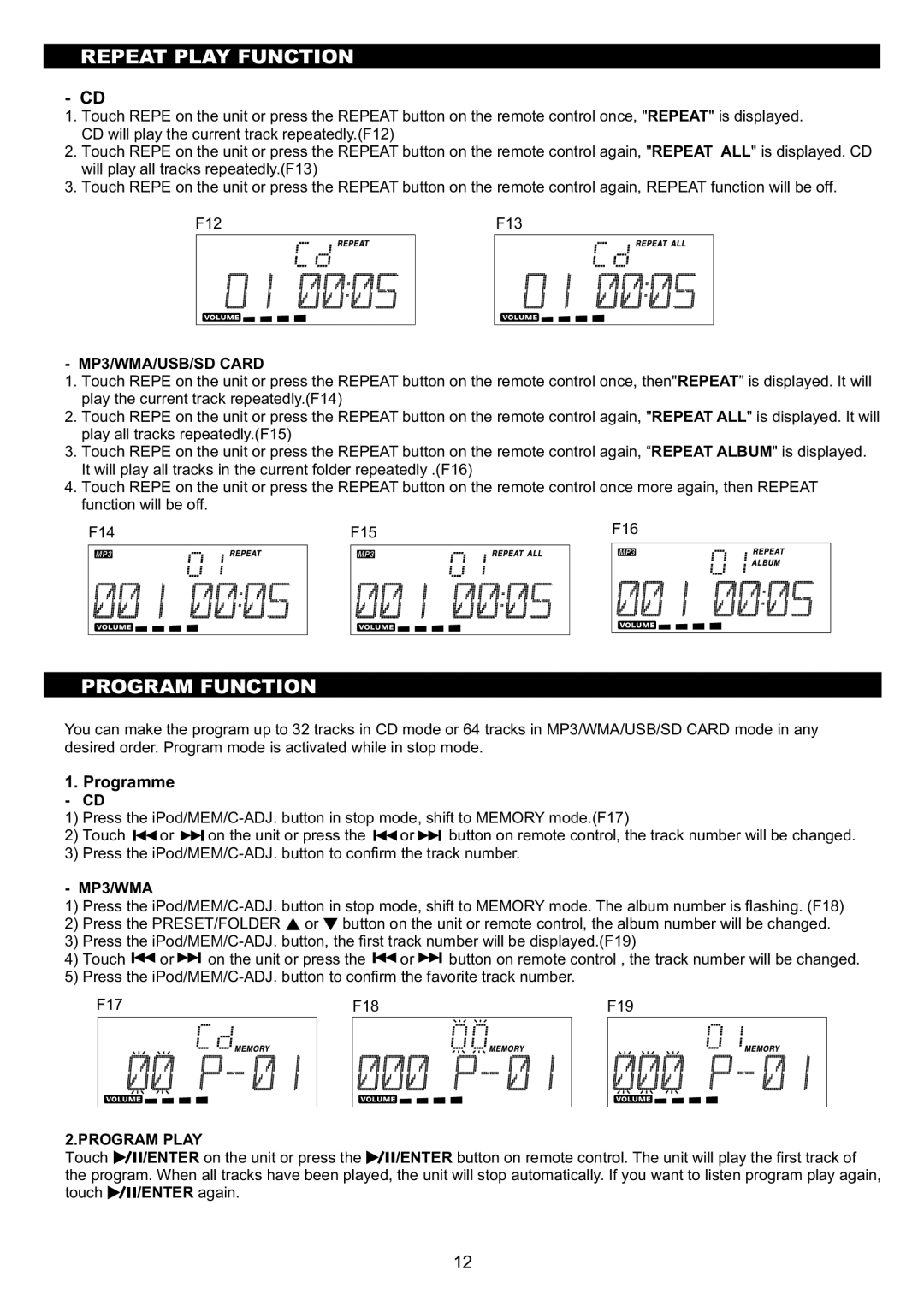 Sanyo DC-MX41i instruction manual Repeat Play Function, Program Function, MP3/WMA/USB/SD Card, Programme CD, Program Play 