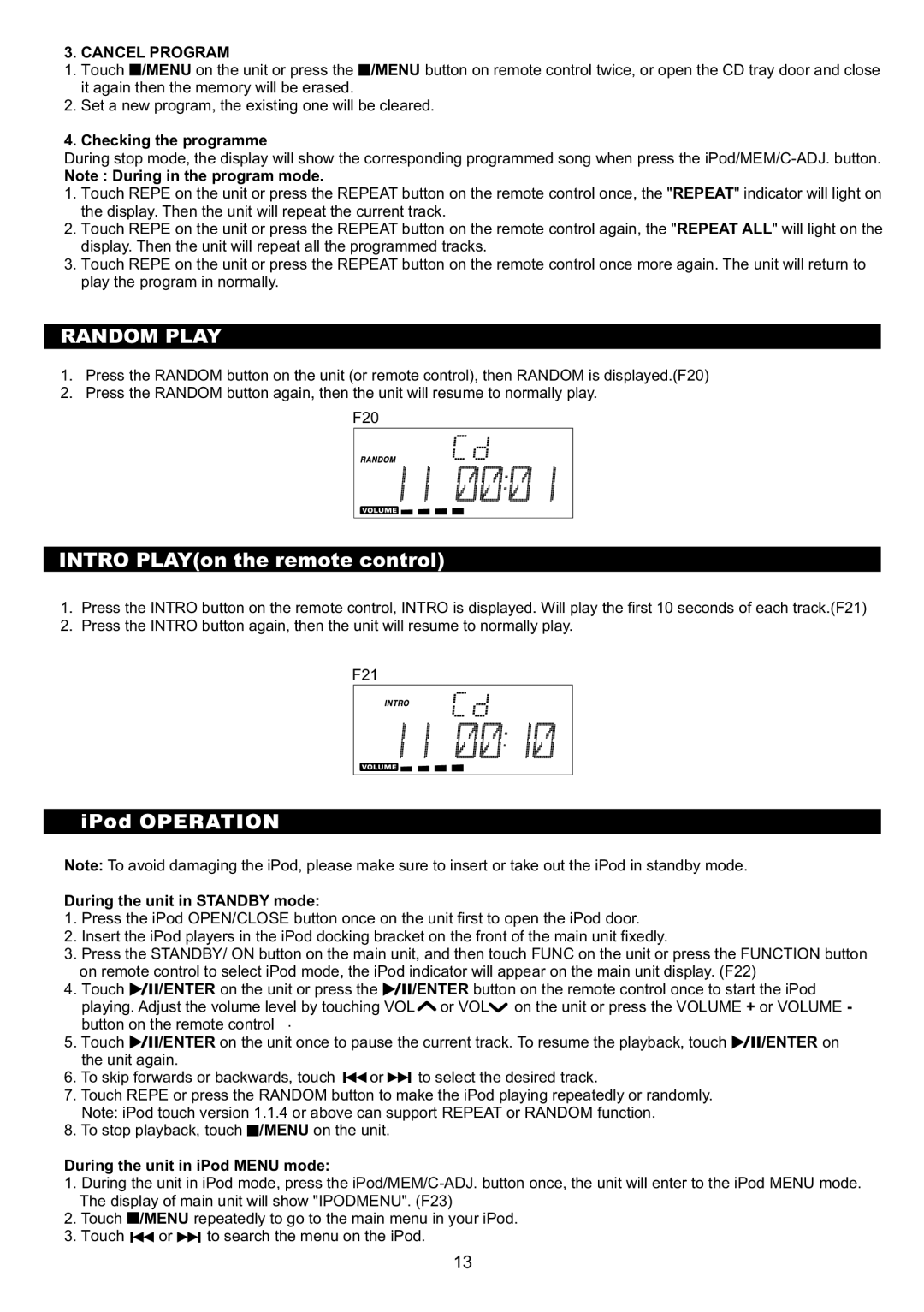 Sanyo DC-MX41i instruction manual Random Play, Cancel Program, Checking the programme, During the unit in Standby mode 