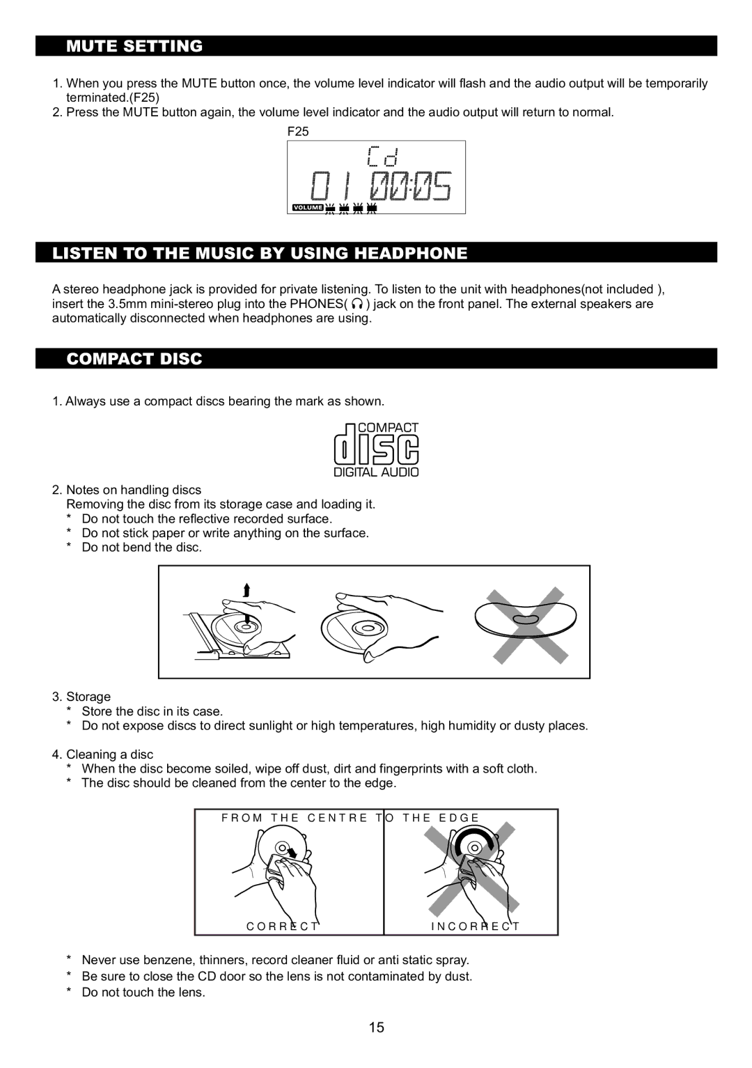 Sanyo DC-MX41i instruction manual Mute Setting, Listen to the Music by Using Headphone, Compact Disc 