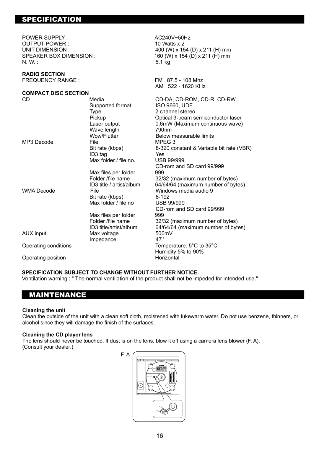 Sanyo DC-MX41i instruction manual Specification, Maintenance, Radio Section, Compact Disc Section 