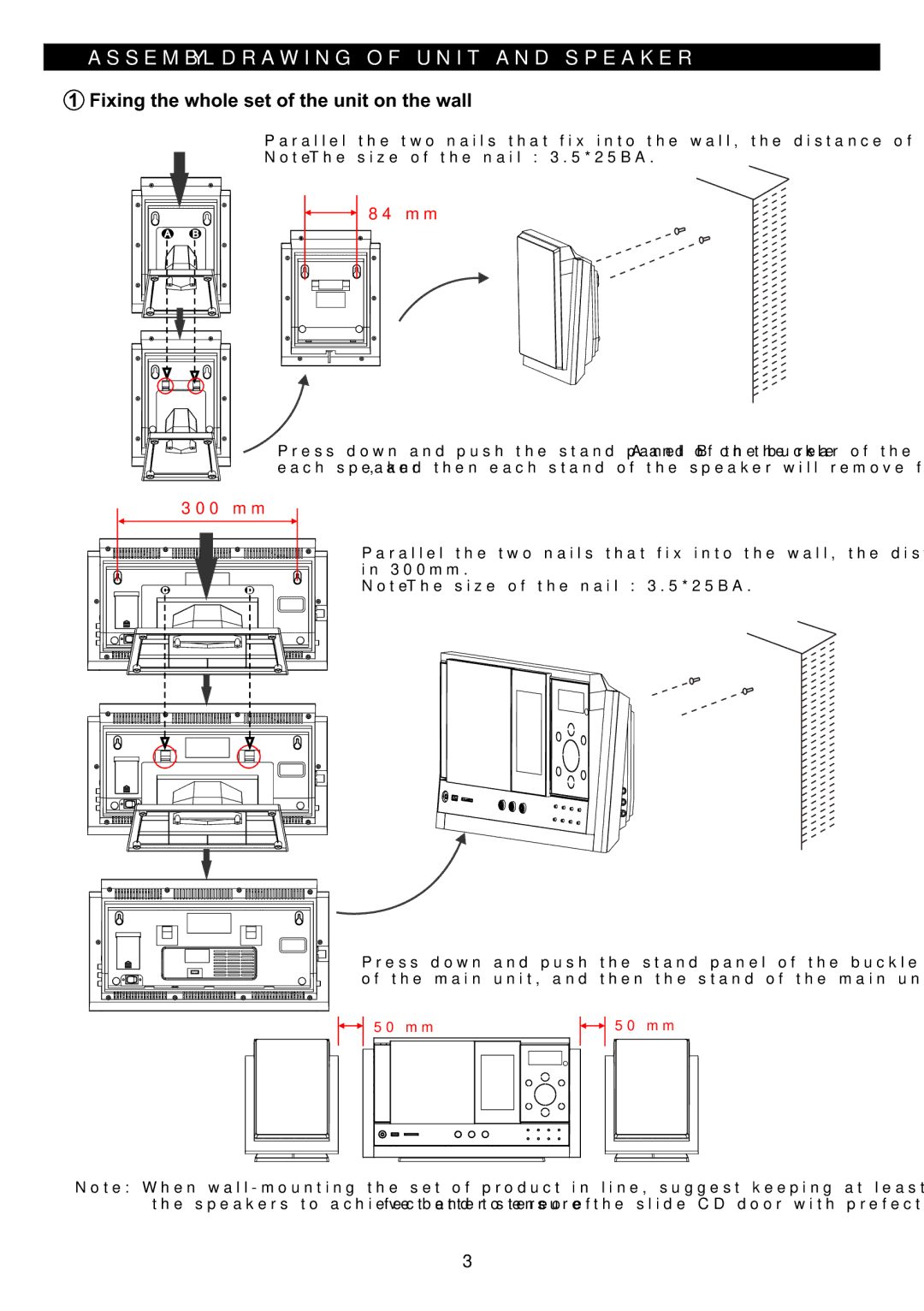 Sanyo DC-MX41i instruction manual Assembly Drawing of Unit and Speaker, Fixing the whole set of the unit on the wall 