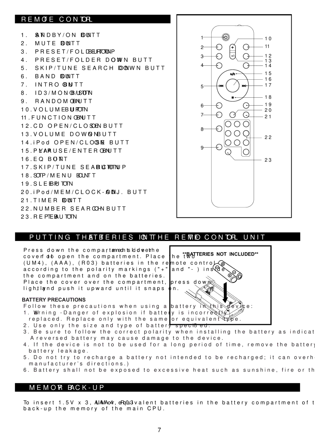 Sanyo DC-MX41i instruction manual Putting the Batteries Into the Remote Control Unit, Memory BACK-UP 