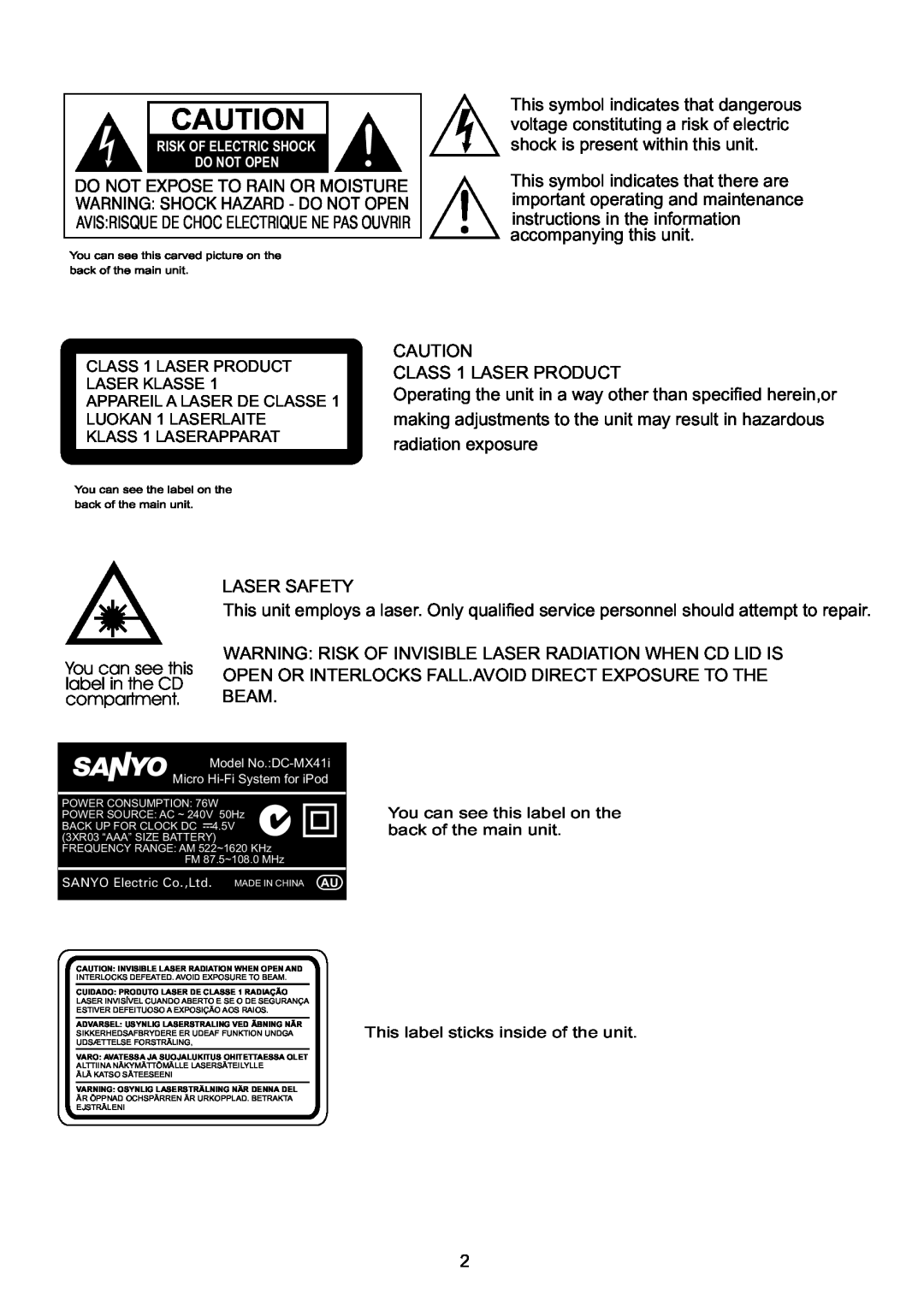 Sanyo DC-MX41i instruction manual Do Not Expose To Rain Or Moisture 