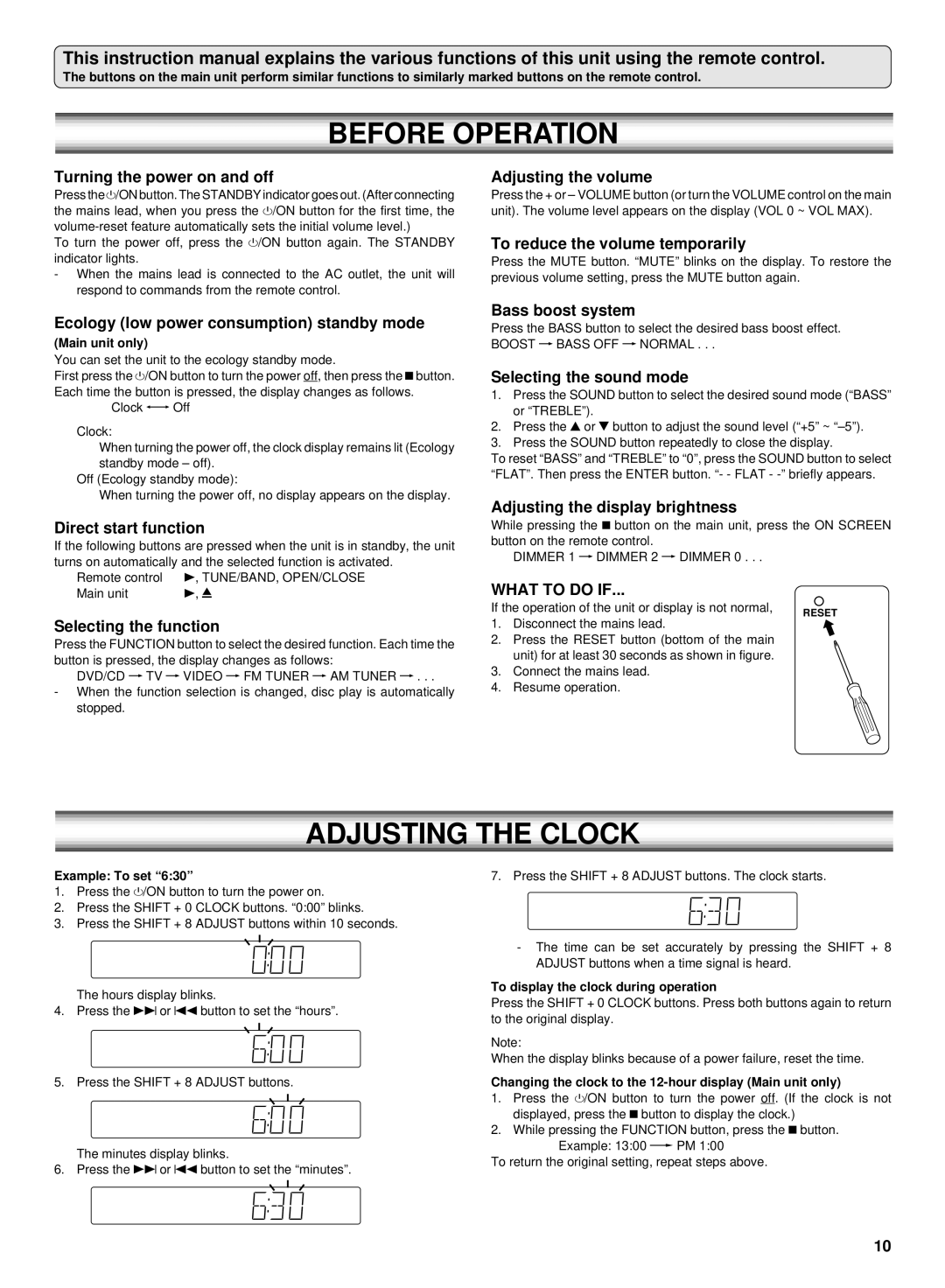 Sanyo DC-TS750 instruction manual Before Operation, Adjusting the Clock 