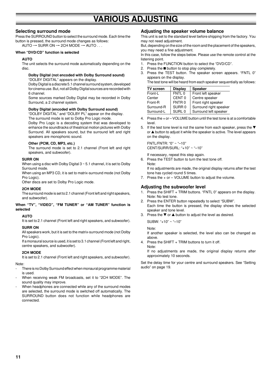 Sanyo DC-TS750 instruction manual Various Adjusting, Selecting surround mode, Adjusting the speaker volume balance 