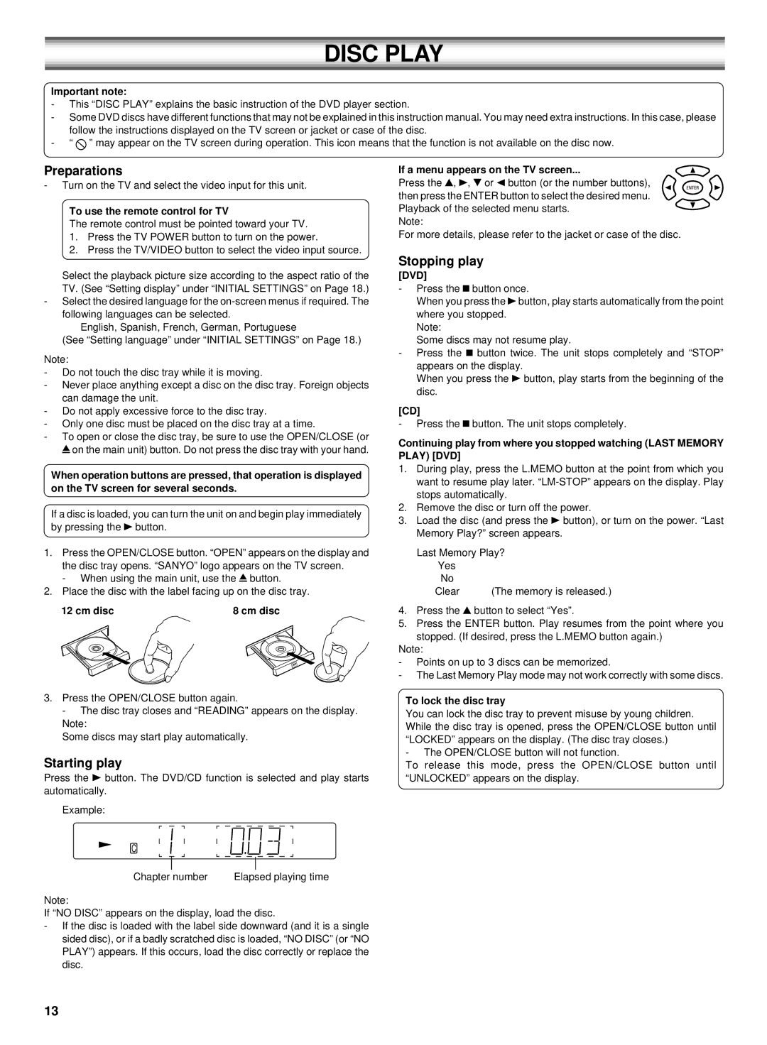 Sanyo DC-TS750 instruction manual Disc Play, Preparations, Starting play, Stopping play 