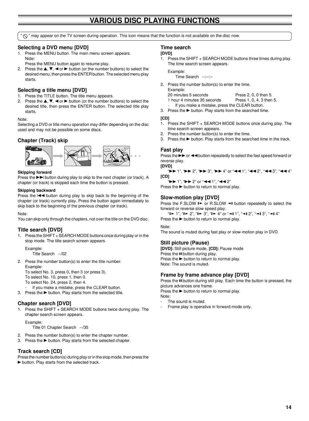 Sanyo DC-TS750 Selecting a DVD menu DVD, Selecting a title menu DVD, Chapter Track skip, Title search DVD, Track search CD 