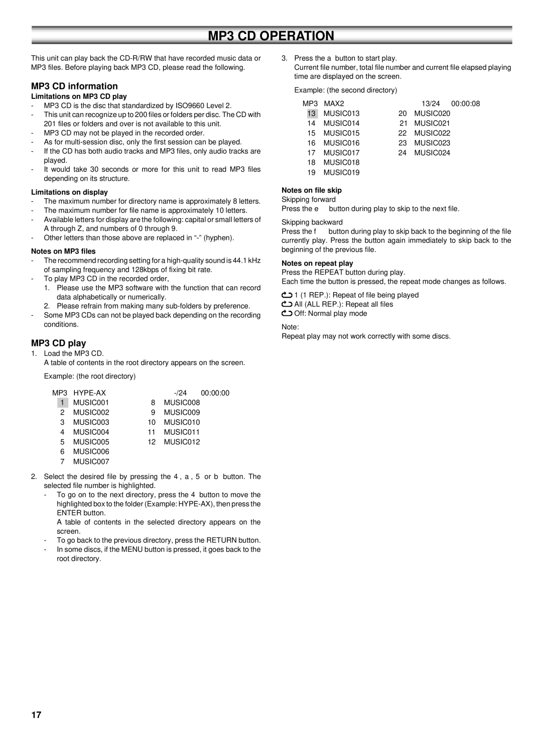 Sanyo DC-TS750 instruction manual MP3 CD information, Limitations on MP3 CD play, Limitations on display 