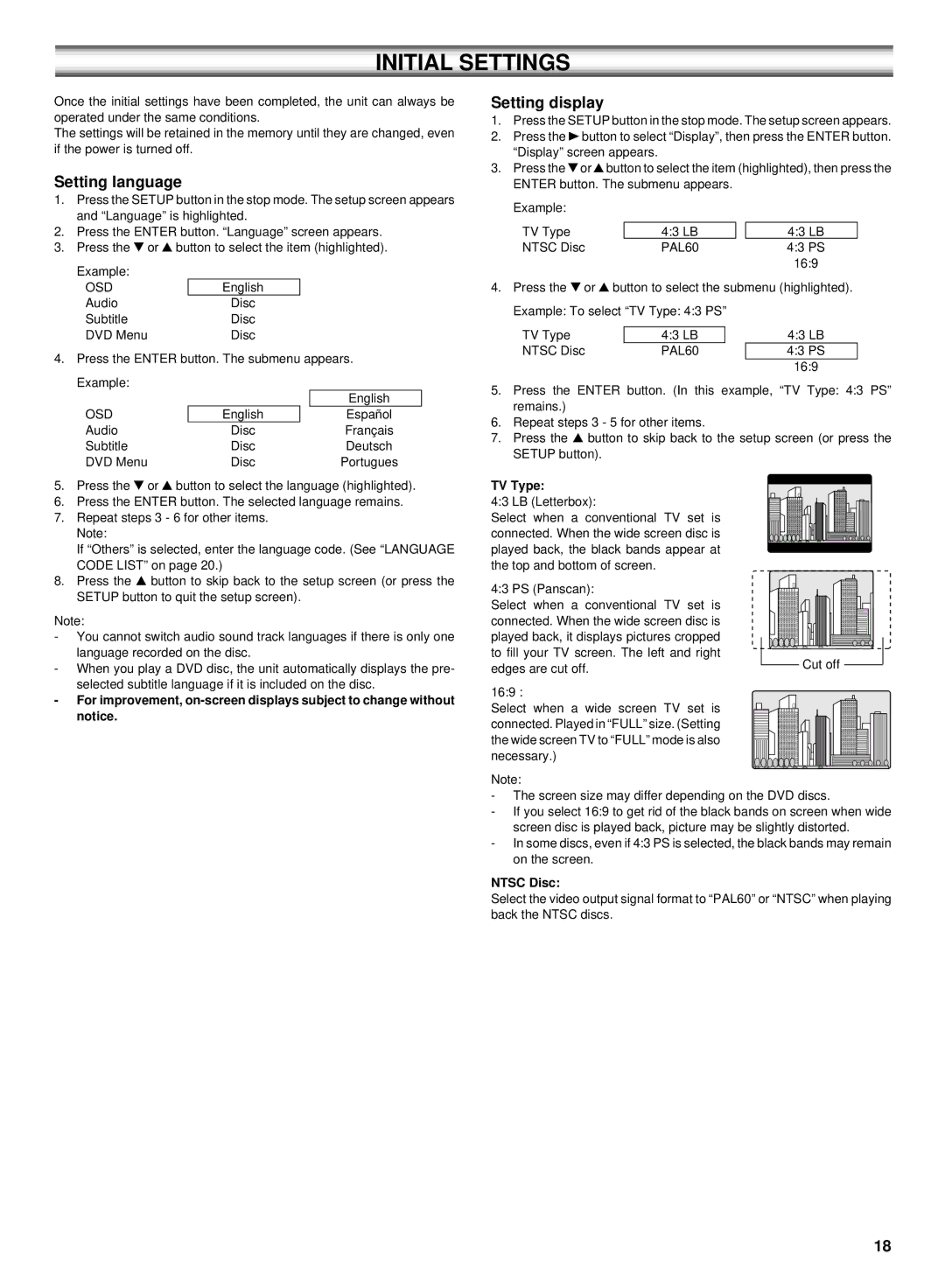 Sanyo DC-TS750 instruction manual Setting language, Setting display, TV Type, Ntsc Disc 