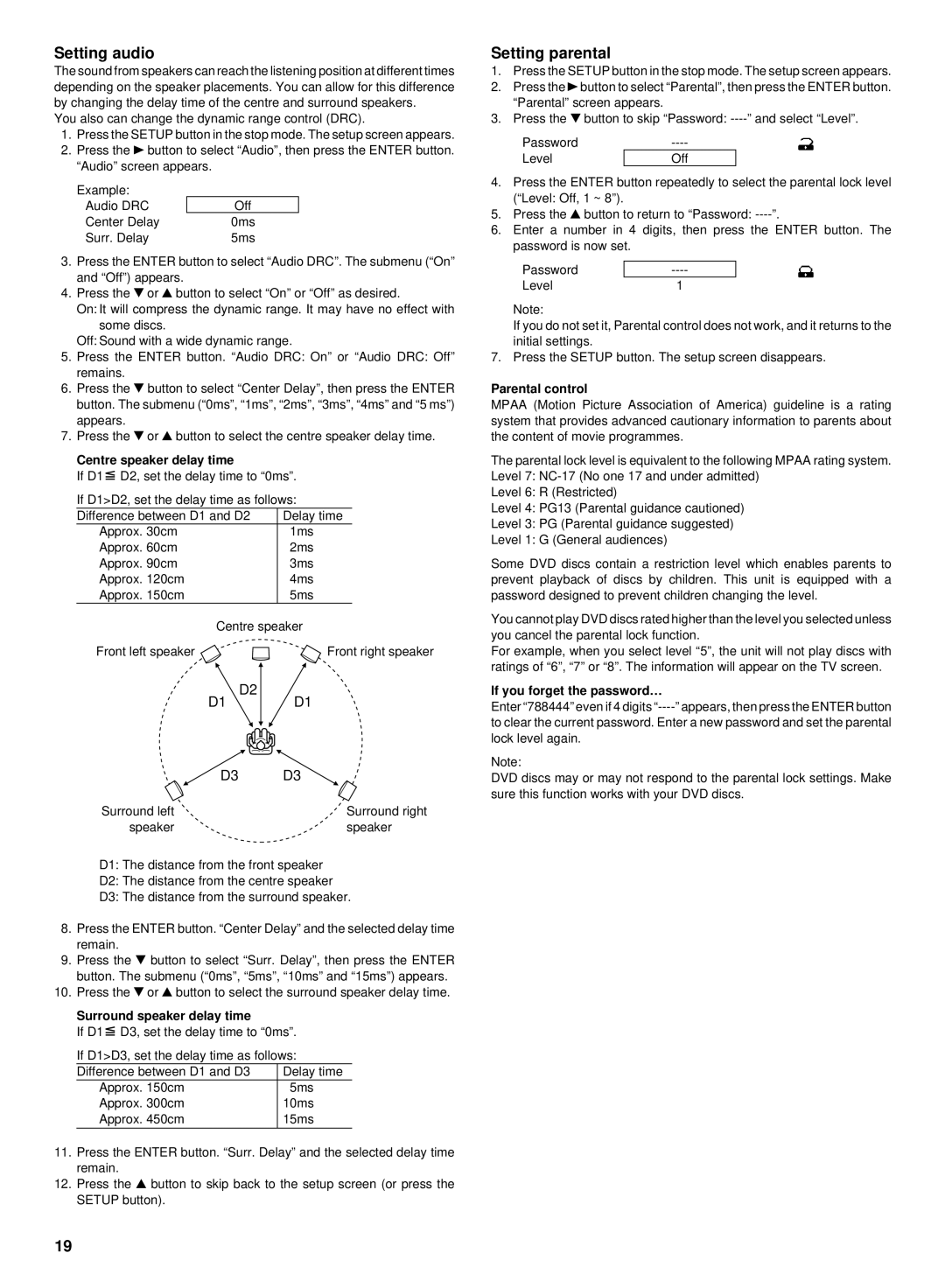 Sanyo DC-TS750 instruction manual Setting audio, Setting parental 