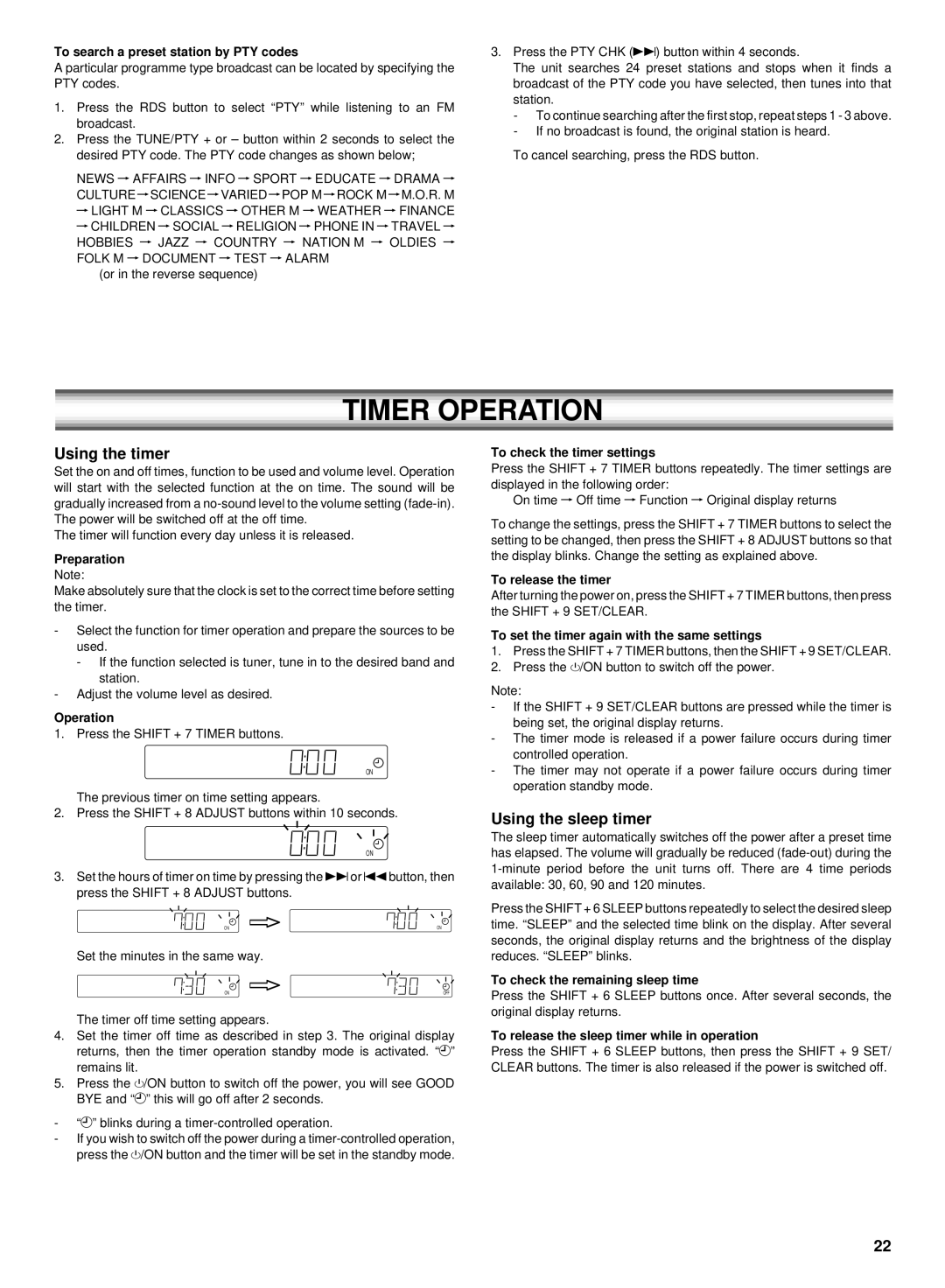 Sanyo DC-TS750 instruction manual Timer Operation, Using the timer, Using the sleep timer 