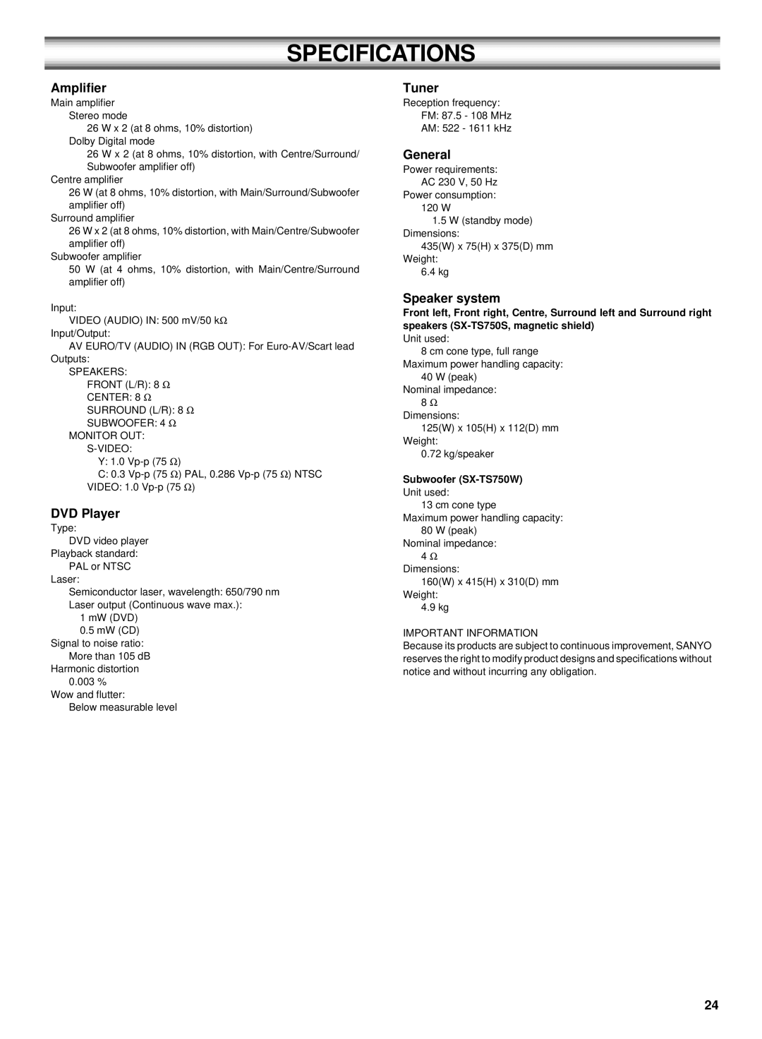 Sanyo DC-TS750 instruction manual Specifications 