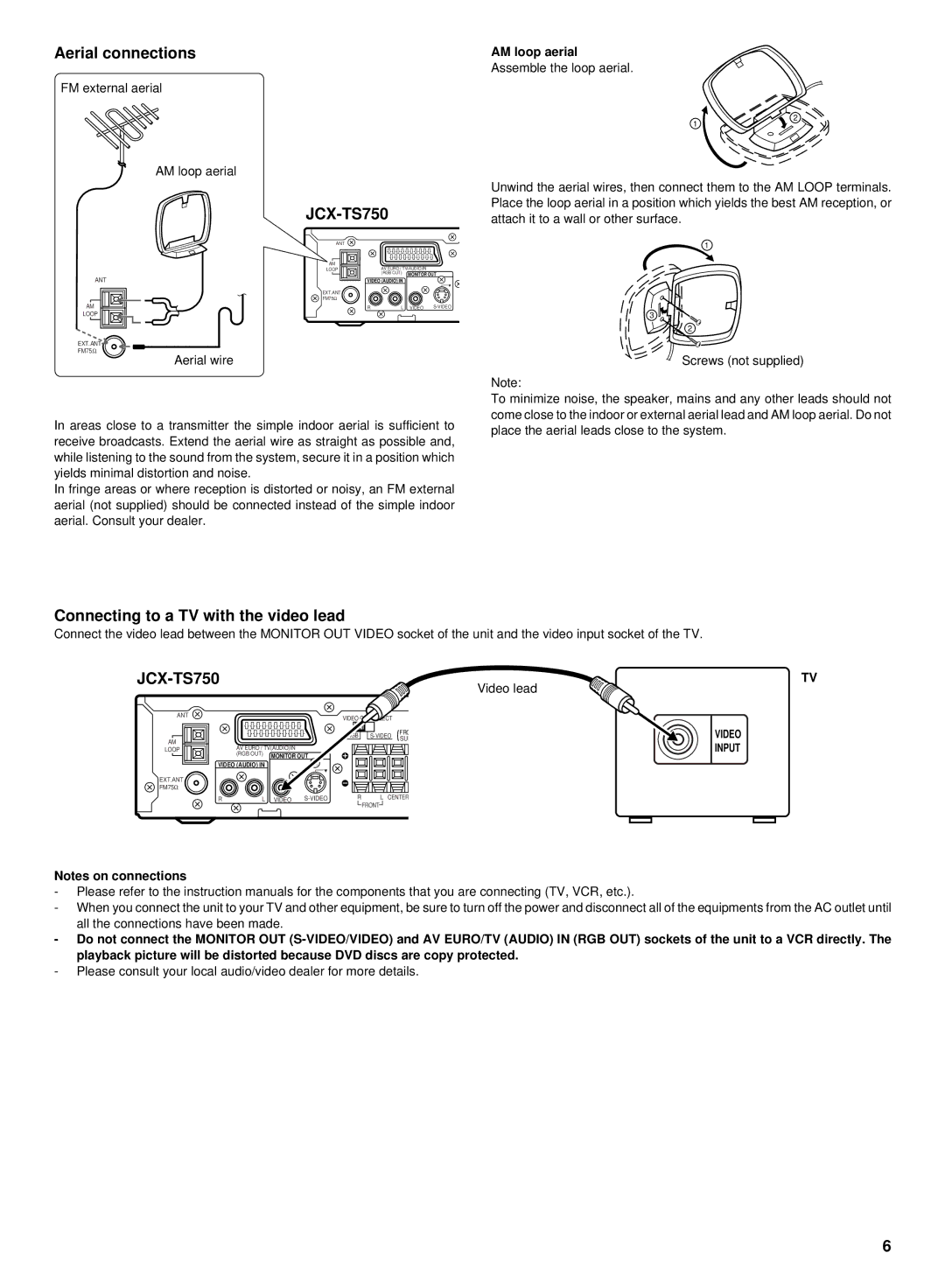 Sanyo DC-TS750 instruction manual Aerial connections, Connecting to a TV with the video lead, AM loop aerial 