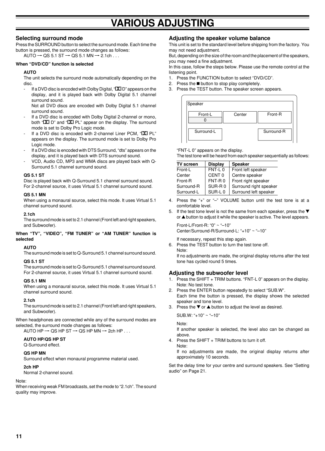 Sanyo DC-TS760 instruction manual Various Adjusting, Selecting surround mode, Adjusting the speaker volume balance 