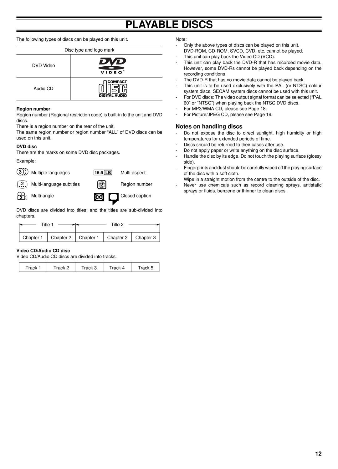 Sanyo DC-TS760 instruction manual Playable Discs, Region number, DVD disc, Video CD/Audio CD disc 