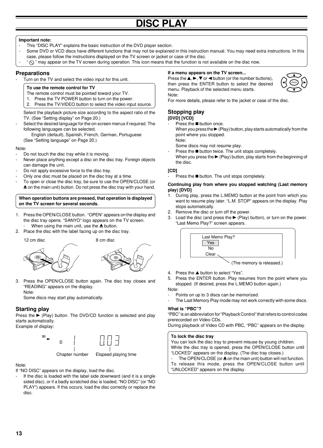 Sanyo DC-TS760 instruction manual Disc Play, Preparations, Starting play, Stopping play, Dvd Vcd 