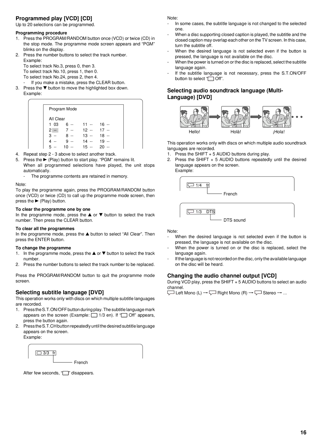 Sanyo DC-TS760 Programmed play VCD CD, Selecting subtitle language DVD, Changing the audio channel output VCD 