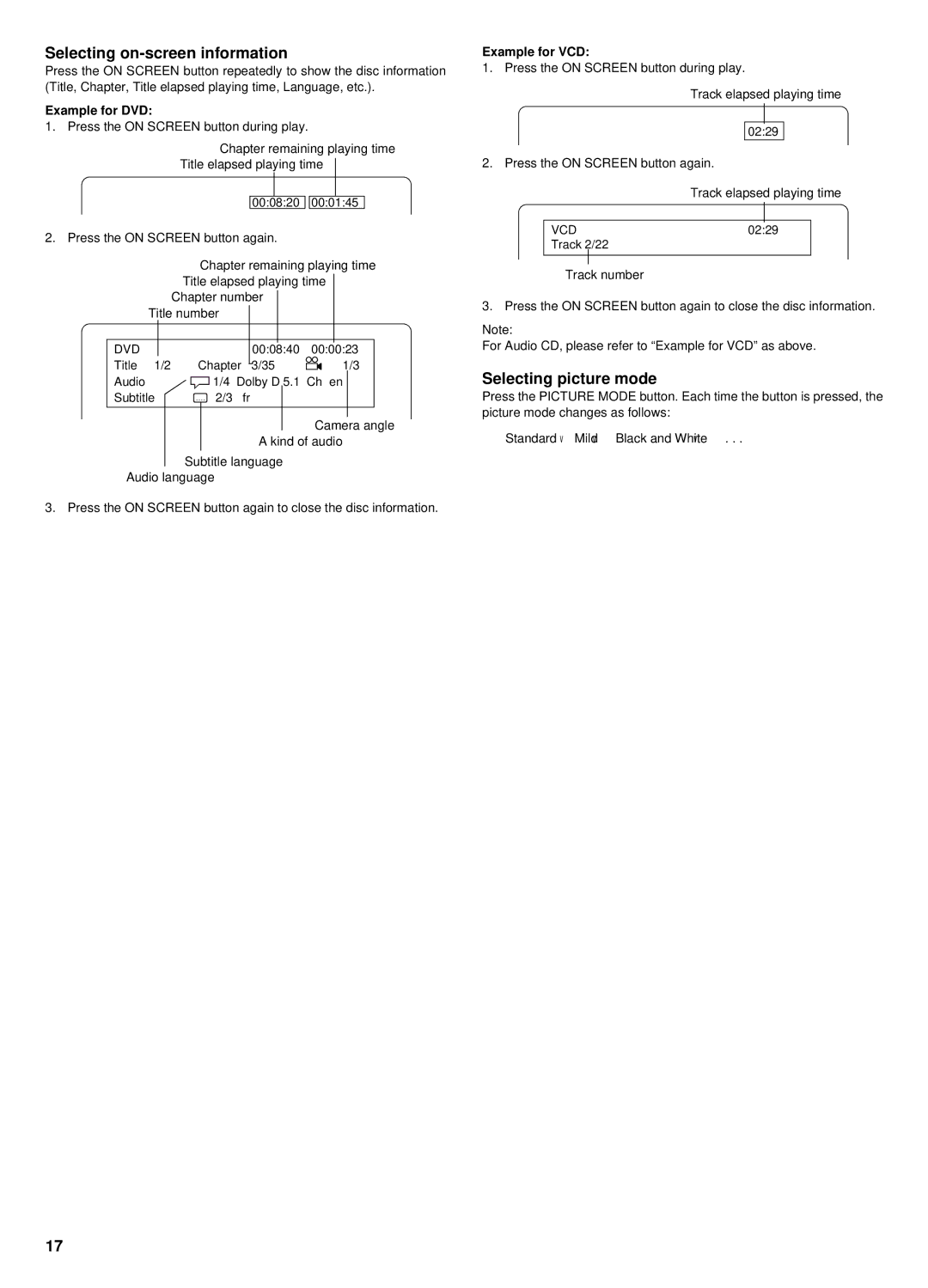 Sanyo DC-TS760 instruction manual Selecting on-screen information, Selecting picture mode, Example for DVD, Example for VCD 