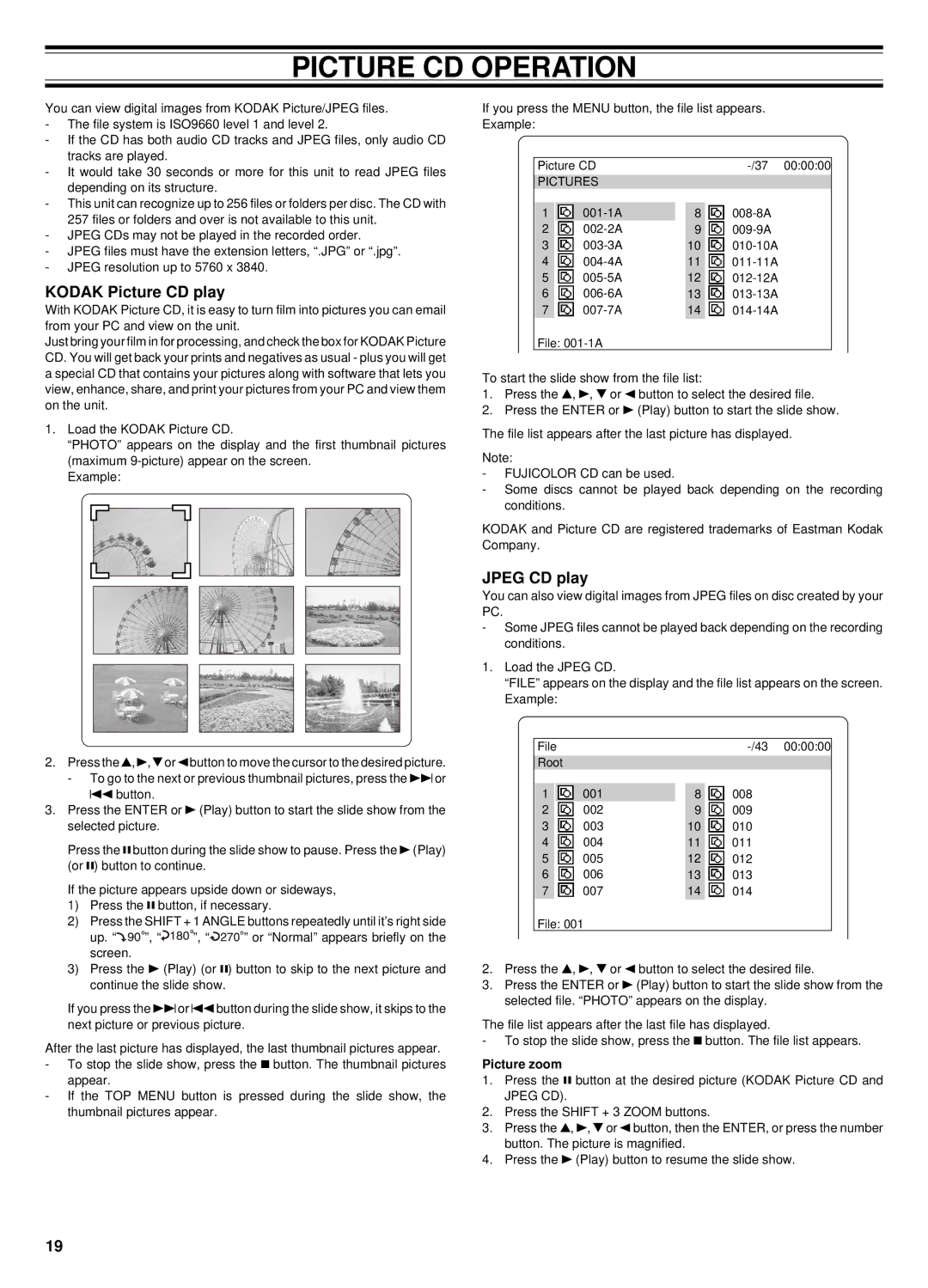 Sanyo DC-TS760 instruction manual Picture CD Operation, Kodak Picture CD play, Jpeg CD play, Picture zoom 