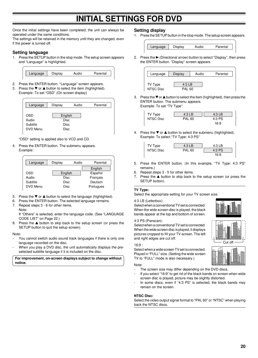 Sanyo DC-TS760 instruction manual Initial Settings for DVD, Setting language, Setting display, TV Type, Ntsc Disc 