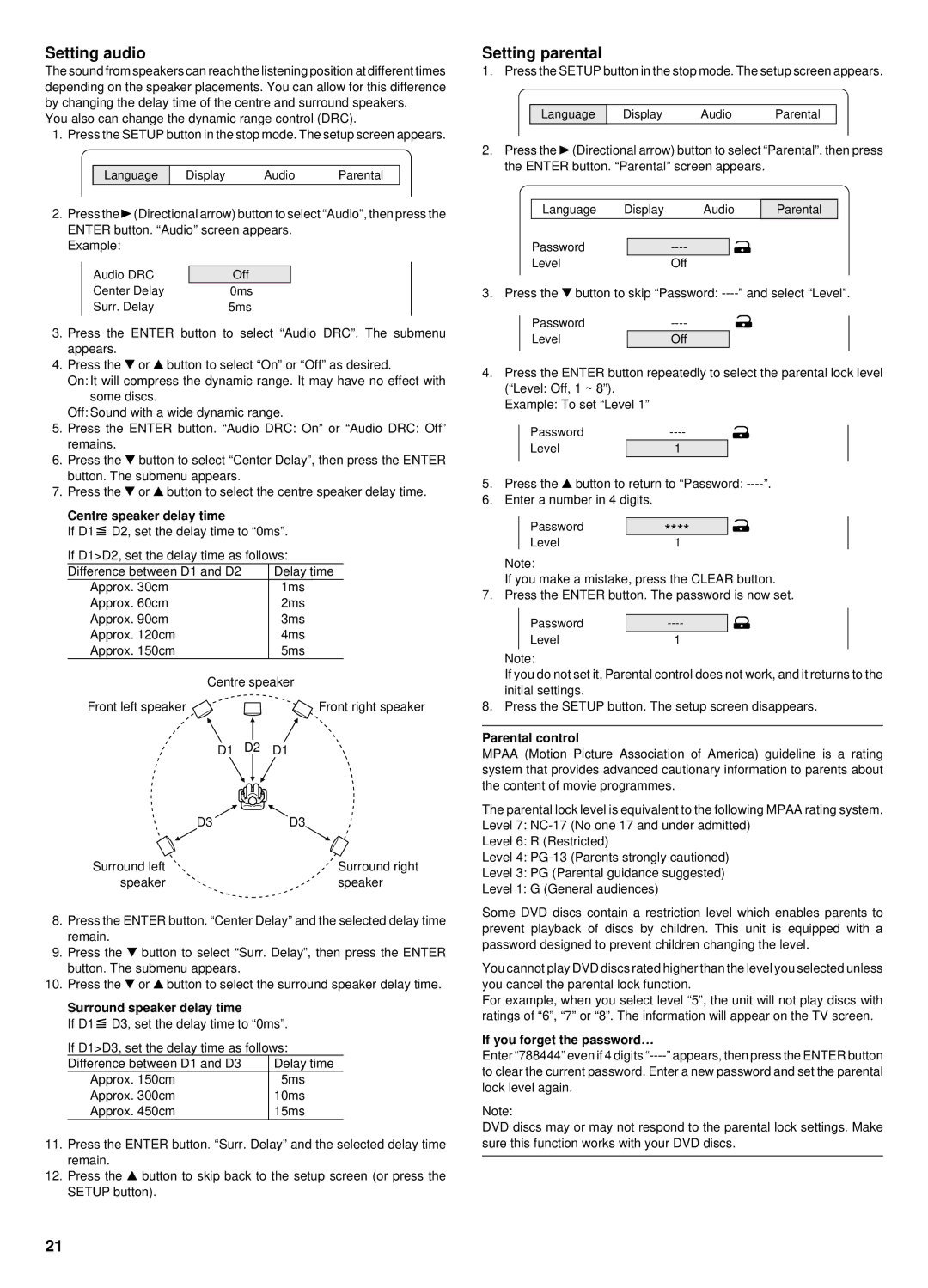 Sanyo DC-TS760 instruction manual Setting audio, Setting parental 