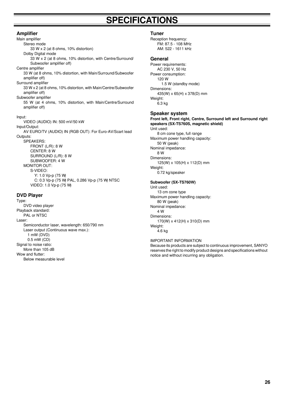 Sanyo DC-TS760 instruction manual Specifications 