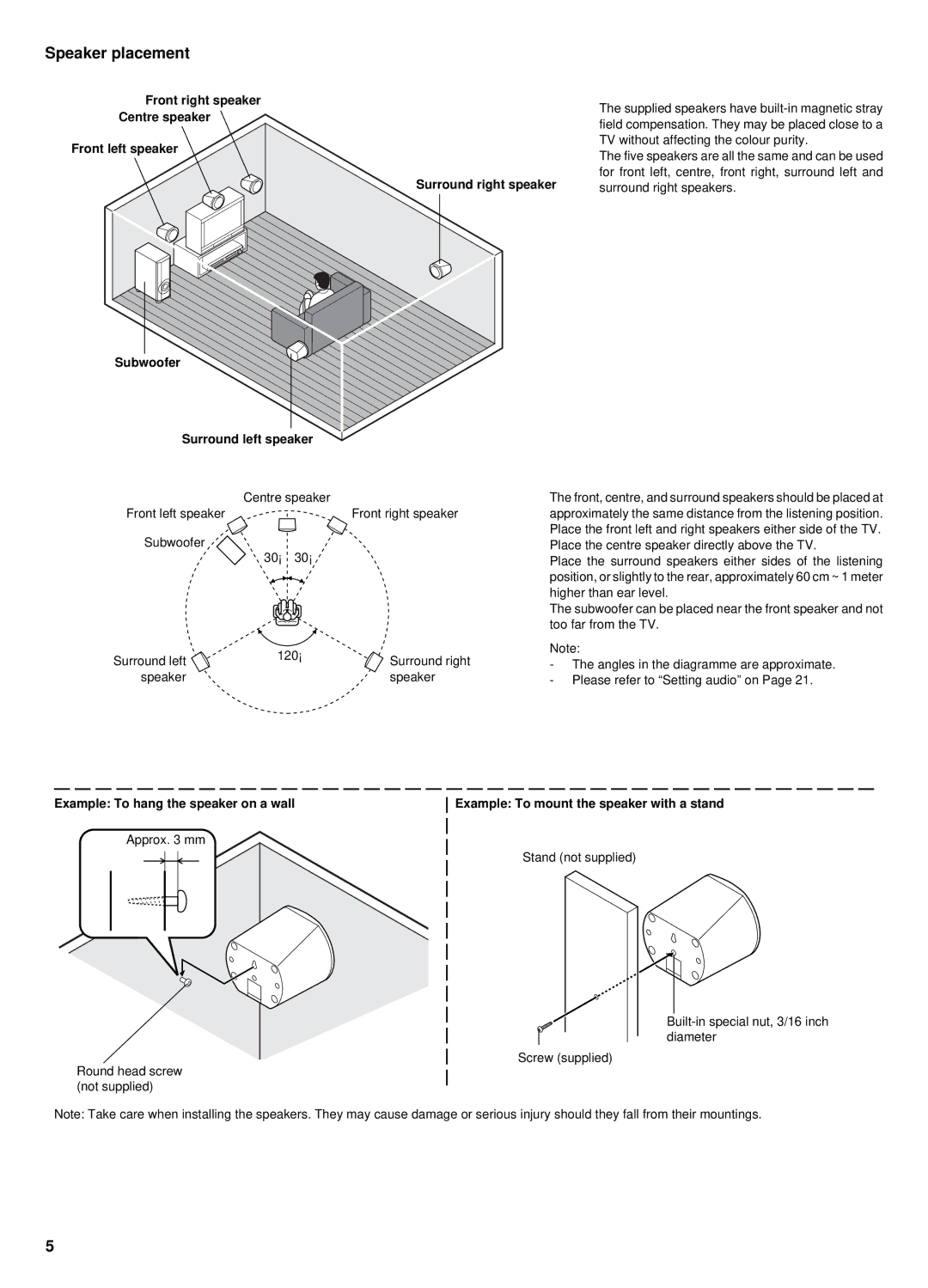 Sanyo DC-TS760 Speaker placement, Front right speaker Centre speaker Front left speaker, Subwoofer Surround left speaker 