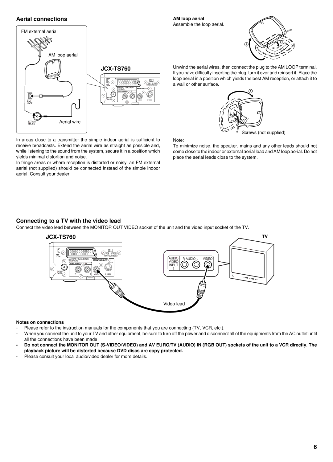 Sanyo DC-TS760 instruction manual Aerial connections, Connecting to a TV with the video lead, AM loop aerial 