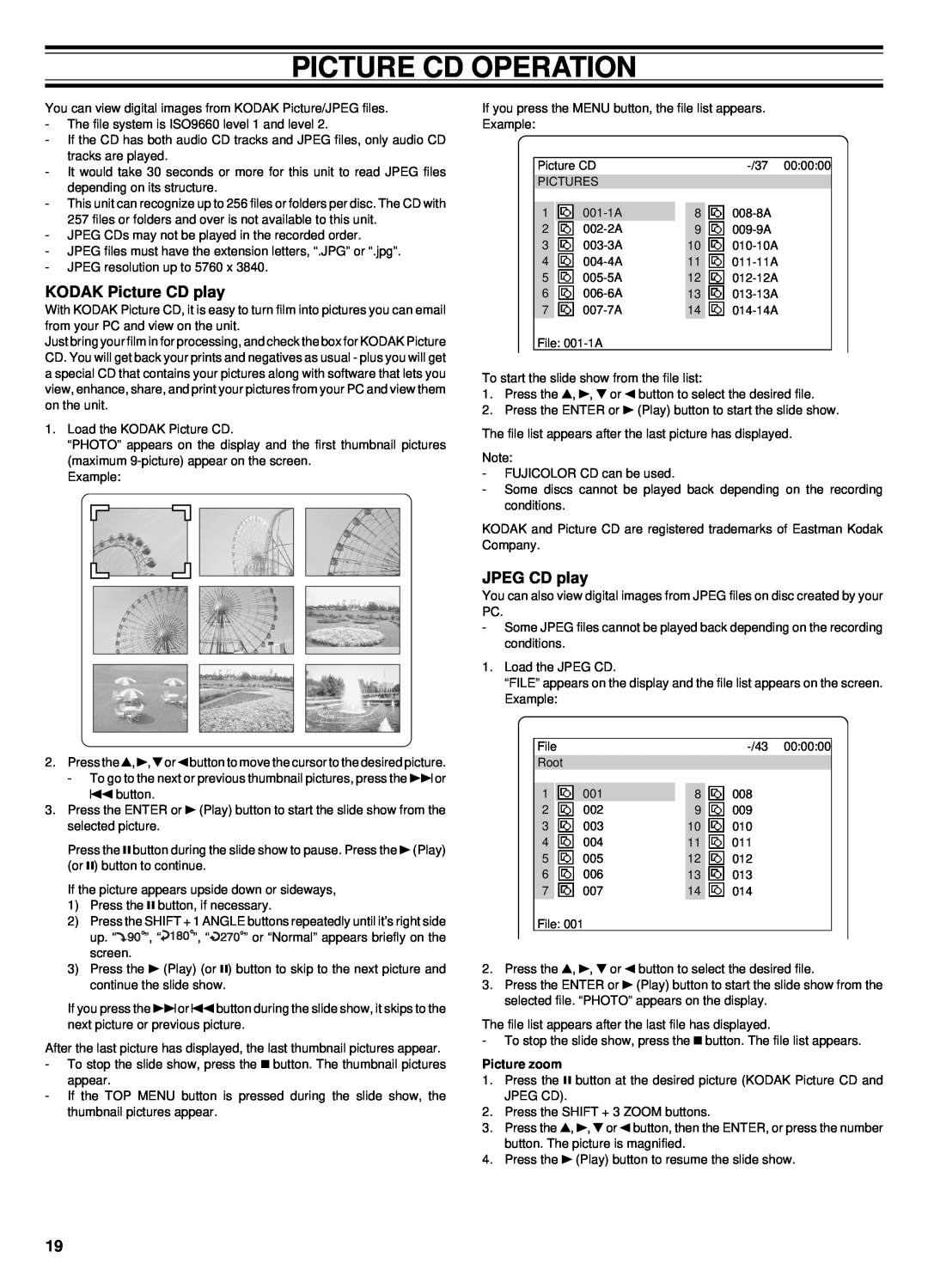 Sanyo DC-TS760 instruction manual Picture Cd Operation, KODAK Picture CD play, JPEG CD play, Picture zoom 