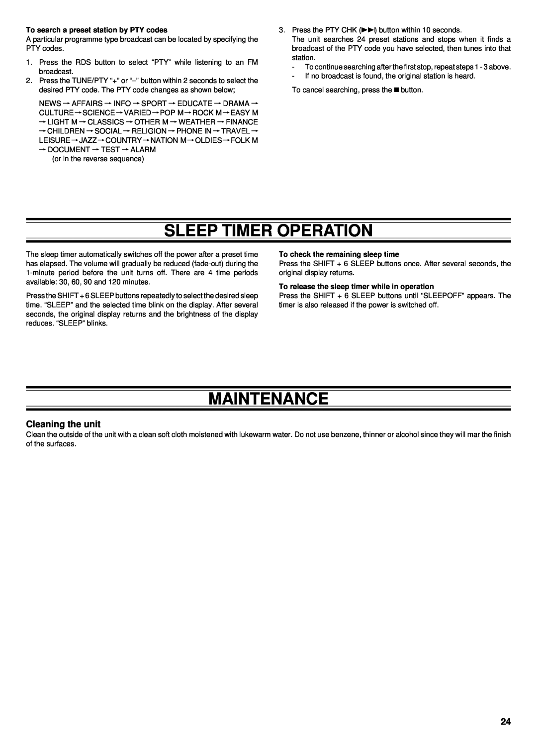 Sanyo DC-TS760 Sleep Timer Operation, Maintenance, Cleaning the unit, To search a preset station by PTY codes 