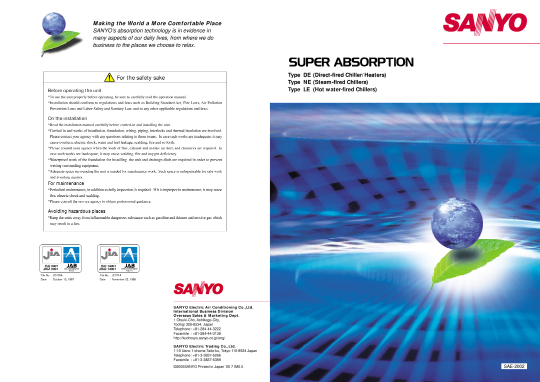 Sanyo DE operation manual Making the World a More Comfortable Place 