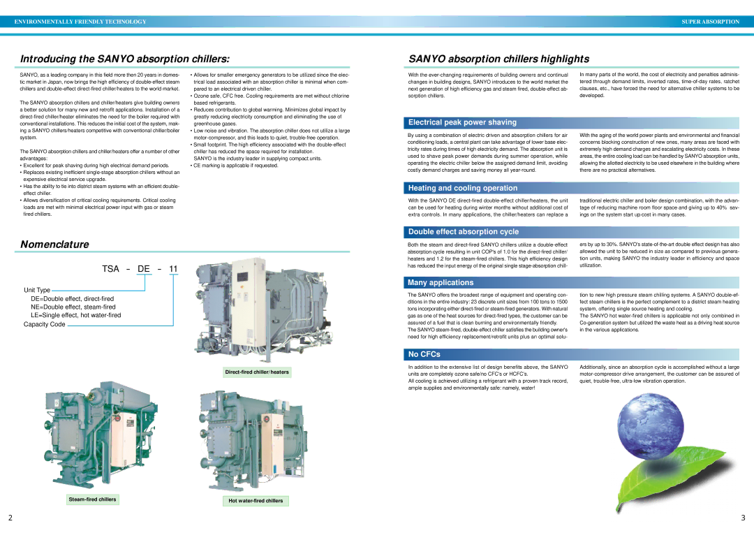 Sanyo DE Electrical peak power shaving, Heating and cooling operation, Double effect absorption cycle, Many applications 