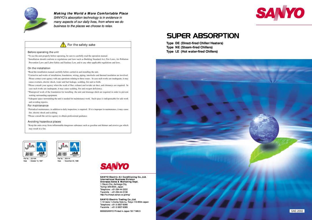 Sanyo DE operation manual For the safety sake, Making the World a More Comfortable Place, Type LE Hot water-firedChillers 